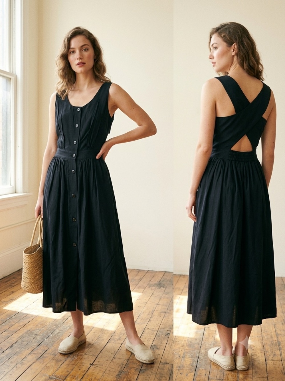 Vintage Alain Toussaint Sleeveless Black Button-Front Midi Dress, size 8